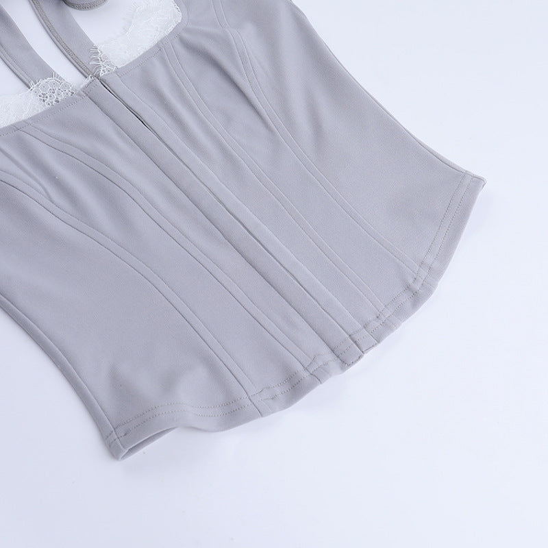 Lace hem self tie halter corset backless top  | Festival Outfits Women