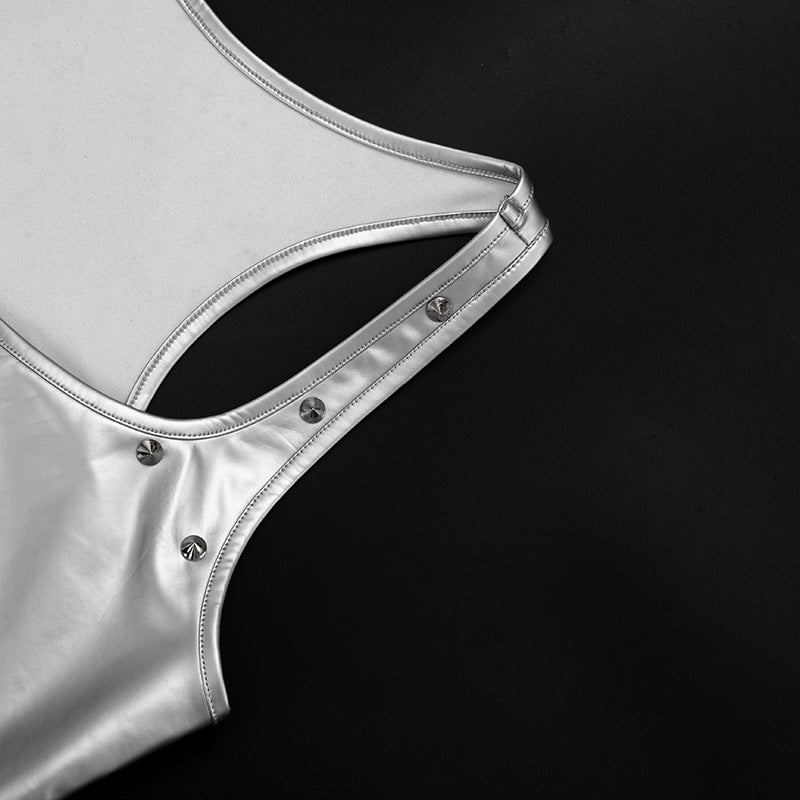 Metallic square neck rivet applique tank top  | Festival Outfits Women
