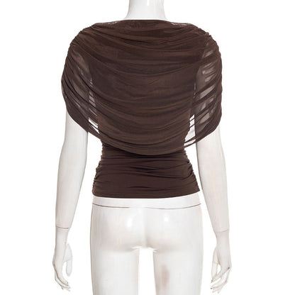 Ruched crewneck mesh solid top  | Festival Outfits Women