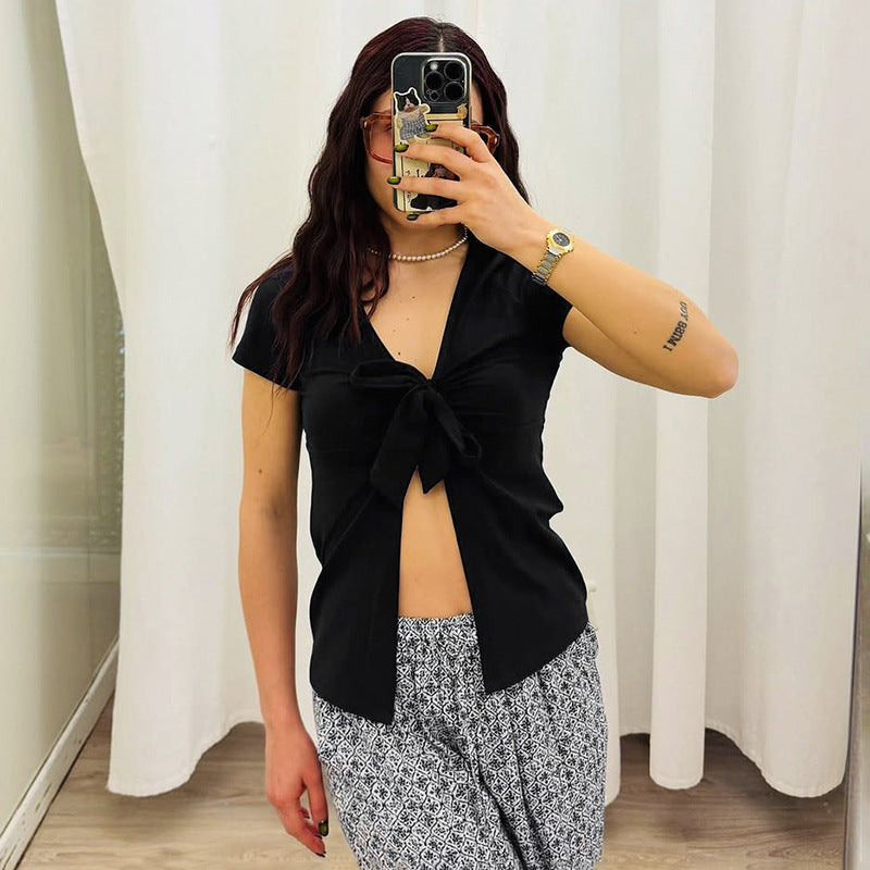 Short sleeve v neck self tie solid crop top  | Festival Outfits Women