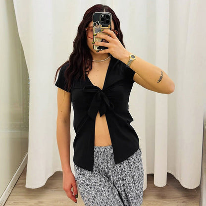 Short sleeve v neck self tie solid crop top  | Festival Outfits Women