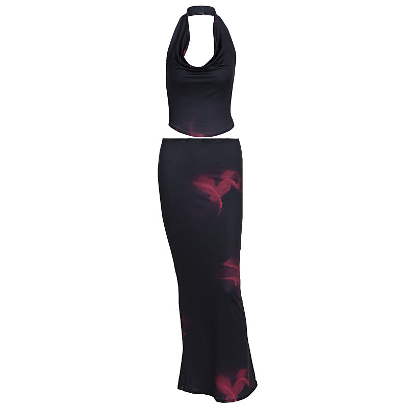 Halter cowl neck self tie print maxi skirt set  | Festival Outfits Women