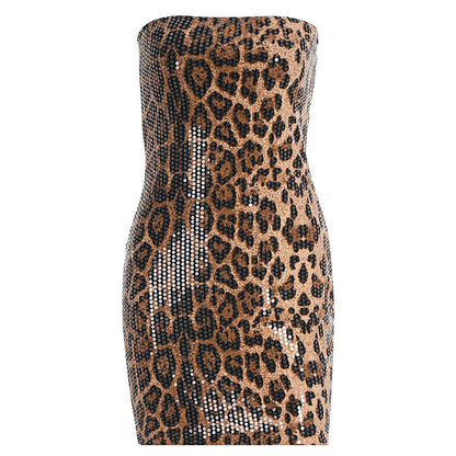 Leopard print glitter backless tube mini dress  | Leopard Print Mini Dress  | Festival Outfits Women