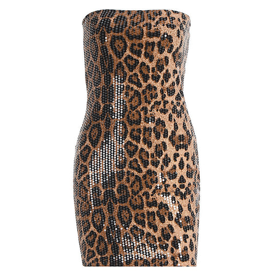 Leopard print glitter backless tube mini dress  | Leopard Print Mini Dress  | Festival Outfits Women