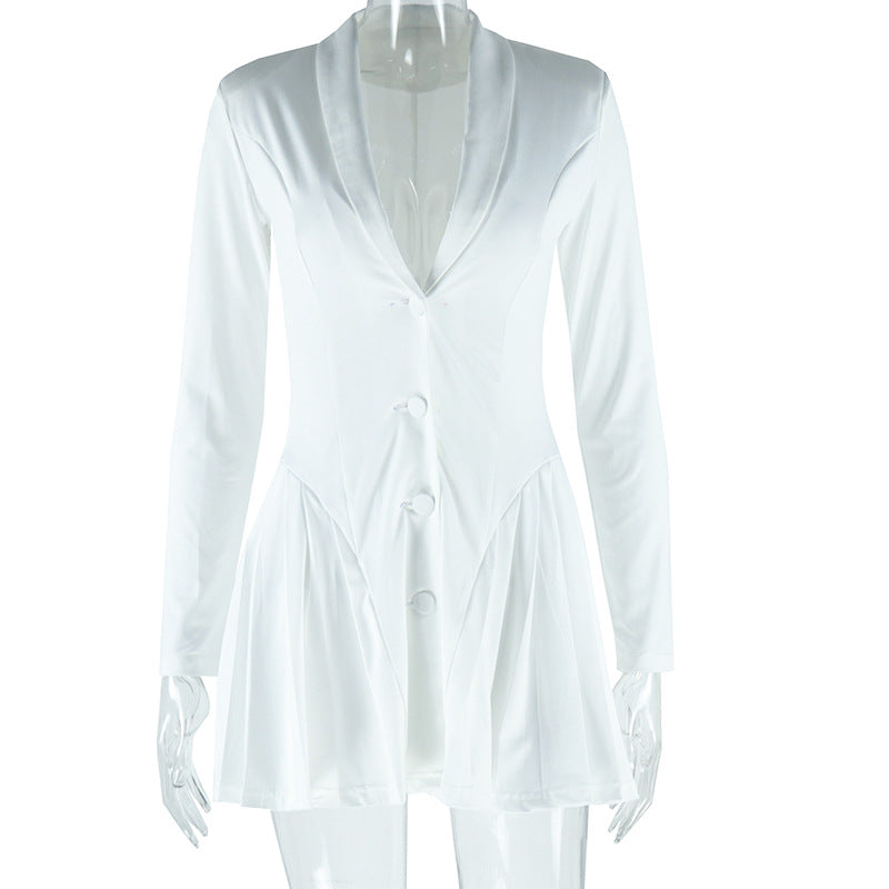 Long sleeve v neck pleated button padded mini dress  | Festival Outfits Women