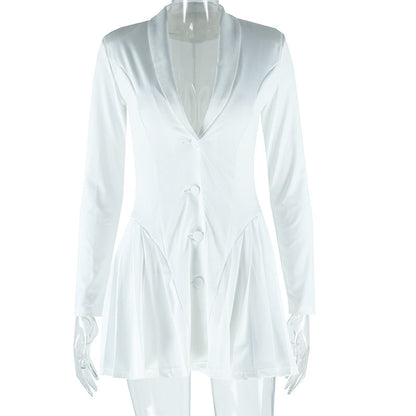 Long sleeve v neck pleated button padded mini dress  | Festival Outfits Women
