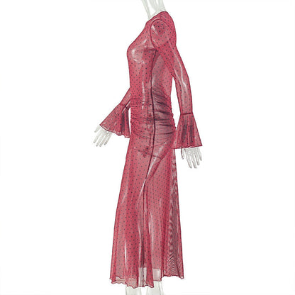 Polka dot long flared sleeve ruched sheer mesh maxi dress  | Festival Outfits Women