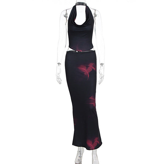 Halter cowl neck self tie print maxi skirt set  | Festival Outfits Women