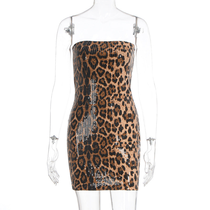 Leopard print glitter backless tube mini dress  | Leopard Print Mini Dress  | Festival Outfits Women