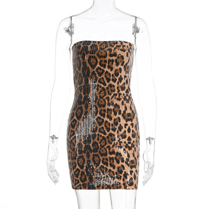 Leopard print glitter backless tube mini dress  | Leopard Print Mini Dress  | Festival Outfits Women
