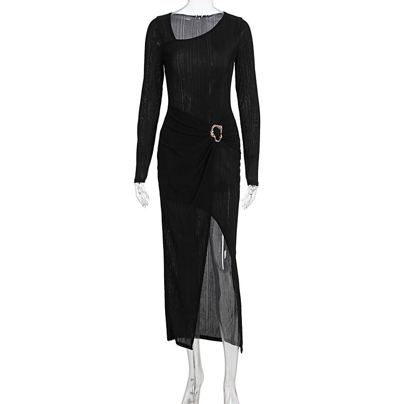 Long sleeve slit ruched irregular midi dress  | Festival Outfits Women