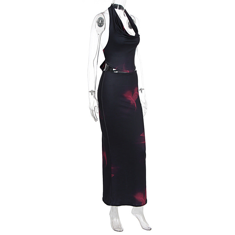 Halter cowl neck self tie print maxi skirt set  | Festival Outfits Women