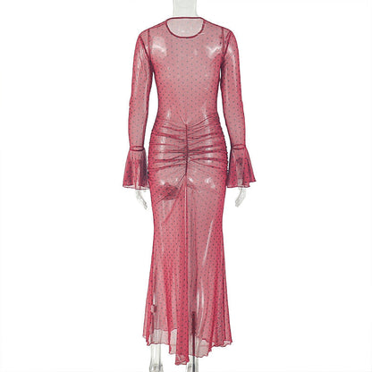 Polka dot long flared sleeve ruched sheer mesh maxi dress  | Festival Outfits Women