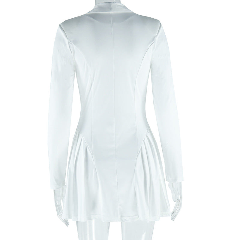 Long sleeve v neck pleated button padded mini dress  | Festival Outfits Women