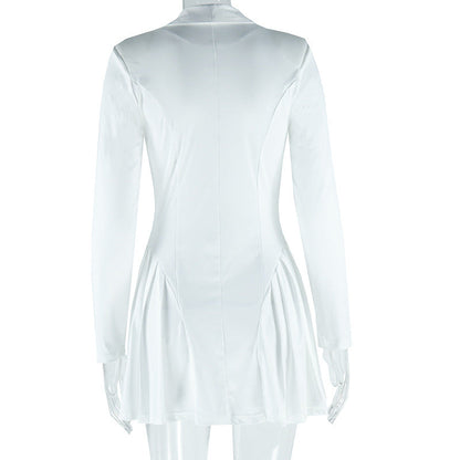 Long sleeve v neck pleated button padded mini dress  | Festival Outfits Women