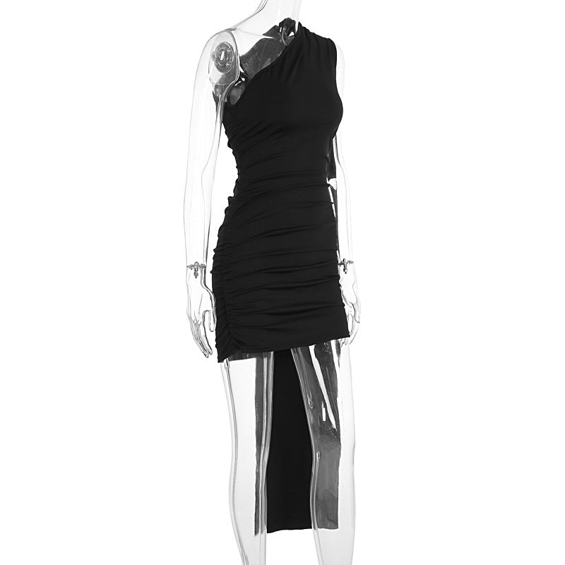 Irregular one shoulder ruched solid mini dress  | Festival Outfits Women