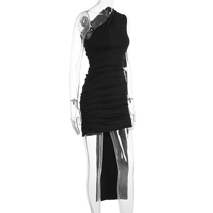 Irregular one shoulder ruched solid mini dress  | Festival Outfits Women