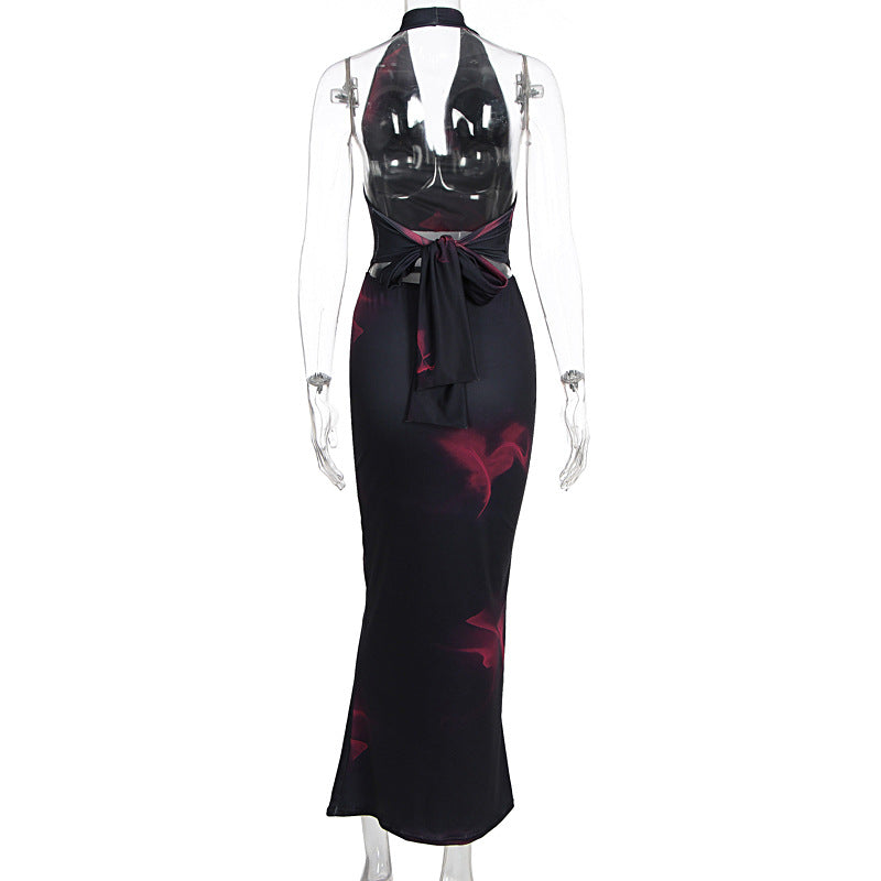 Halter cowl neck self tie print maxi skirt set  | Festival Outfits Women