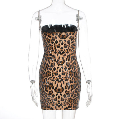 Leopard print glitter backless tube mini dress  | Leopard Print Mini Dress  | Festival Outfits Women
