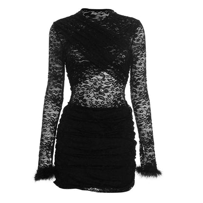 Long sleeve fluffy crewneck lace ruched mini dress  | Festival Outfits Women