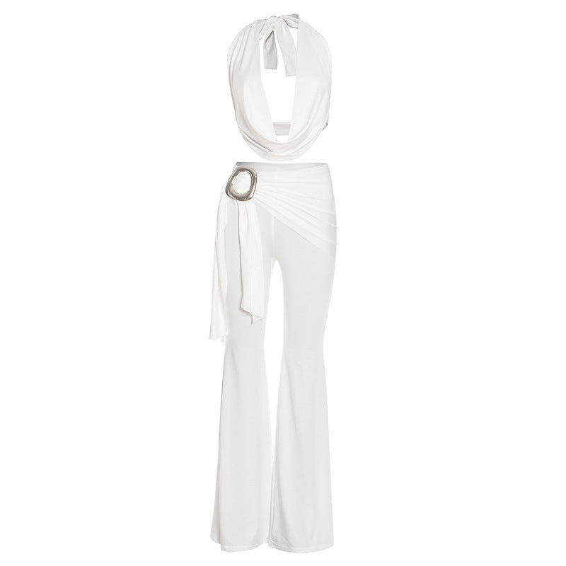 Self tie halter cowl neck irregular ruched pant set  | Festival Outfits Women