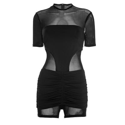 Ruched mesh crewneck short sleeve zip-up romper  | Festival Outfits Women