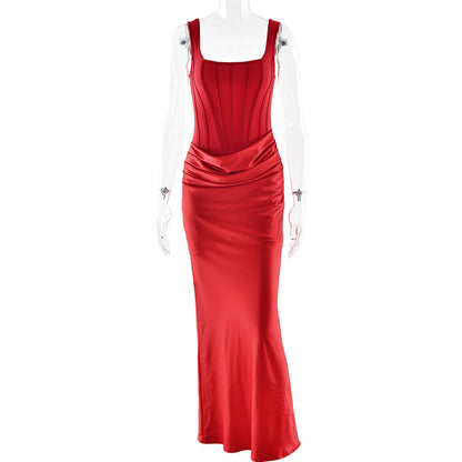 Ruched square neck backless satin cami maxi dress  | Festival Outfits Women
