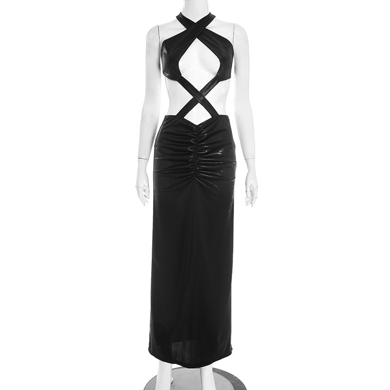 Hollow out ruched cross back backless maxi dress  | Festival Outfits Women