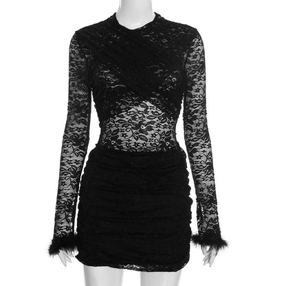 Long sleeve fluffy crewneck lace ruched mini dress  | Festival Outfits Women