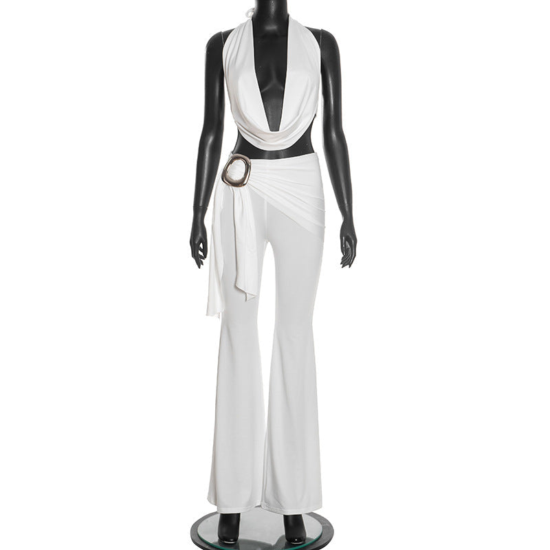 Self tie halter cowl neck irregular ruched pant set  | Festival Outfits Women