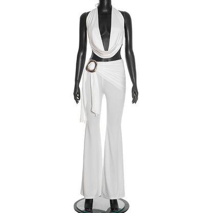 Self tie halter cowl neck irregular ruched pant set  | Festival Outfits Women