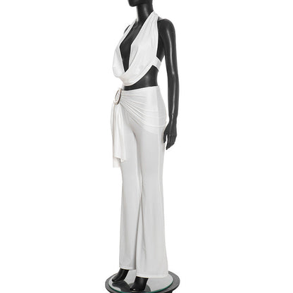 Self tie halter cowl neck irregular ruched pant set  | Festival Outfits Women