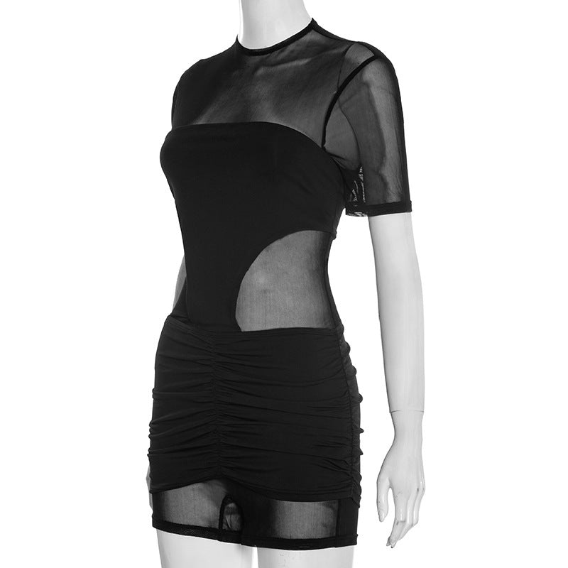 Ruched mesh crewneck short sleeve zip-up romper  | Festival Outfits Women