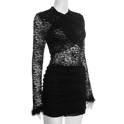 Long sleeve fluffy crewneck lace ruched mini dress  | Festival Outfits Women