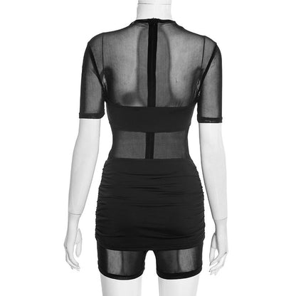 Ruched mesh crewneck short sleeve zip-up romper  | Festival Outfits Women