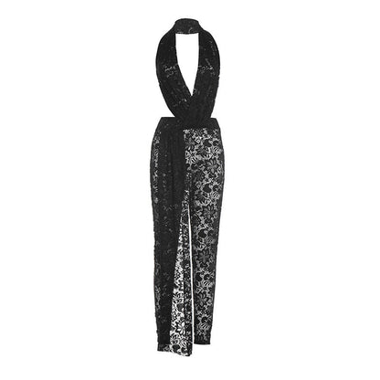 Halter deep V neck lace see through irregular jumpsuit  | Festival Outfits Women