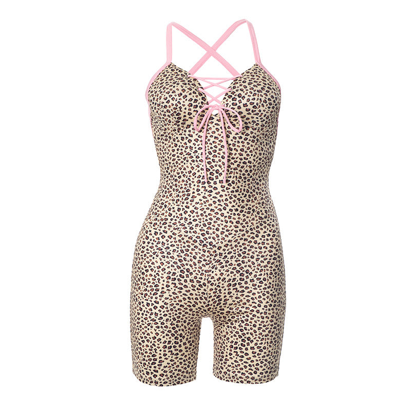 Leopard print cross back self tie backless romper  | Festival Outfits Women