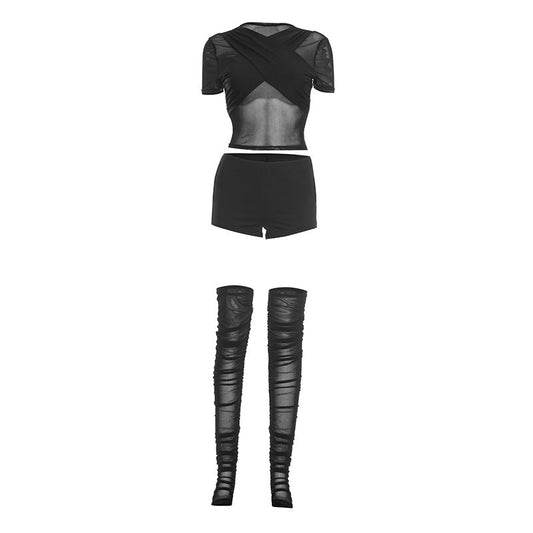Short sleeve crewneck mesh ruched pant set  | Festival Outfits Women
