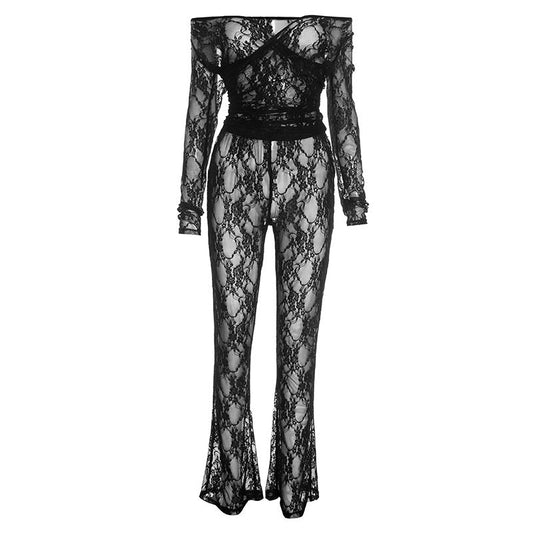 Off shoulder long sleeve lace see through pant set  | Festival Outfits Women