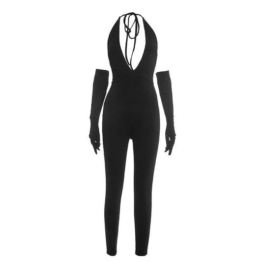 Halter self tie deep v neck backless jumpsuit  | Festival Outfits Women