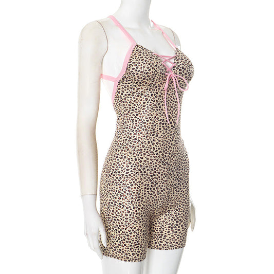 Leopard print cross back self tie backless romper  | Festival Outfits Women