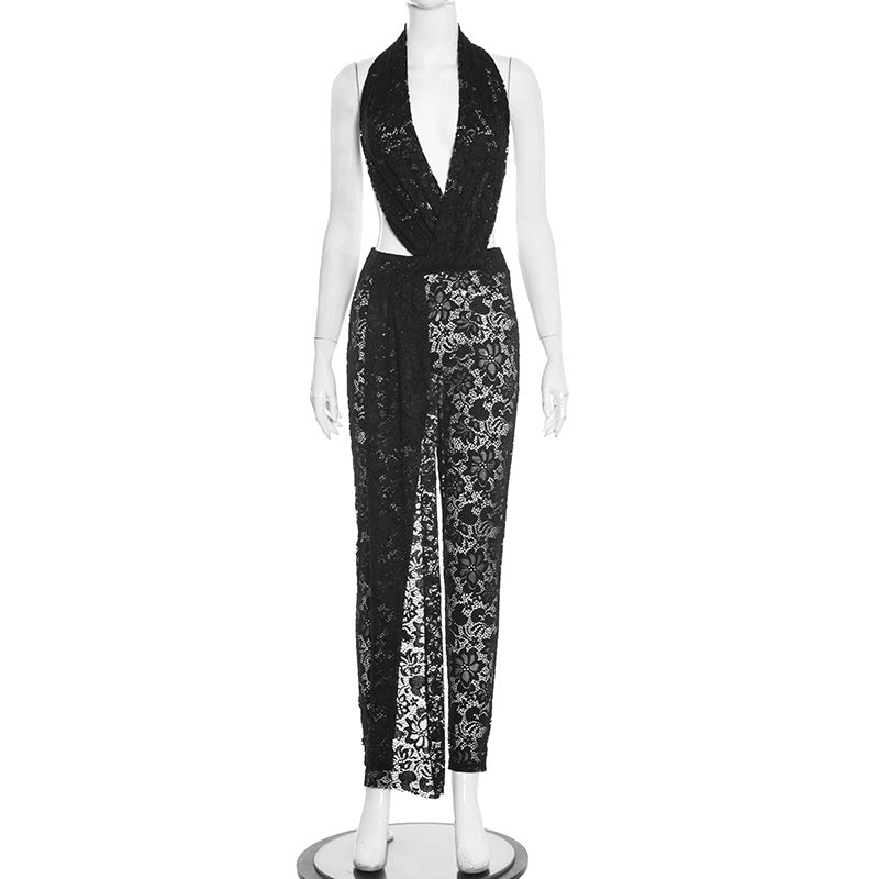 Halter deep V neck lace see through irregular jumpsuit  | Festival Outfits Women