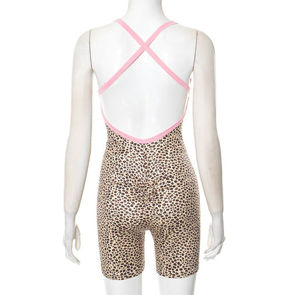 Leopard print cross back self tie backless romper  | Festival Outfits Women