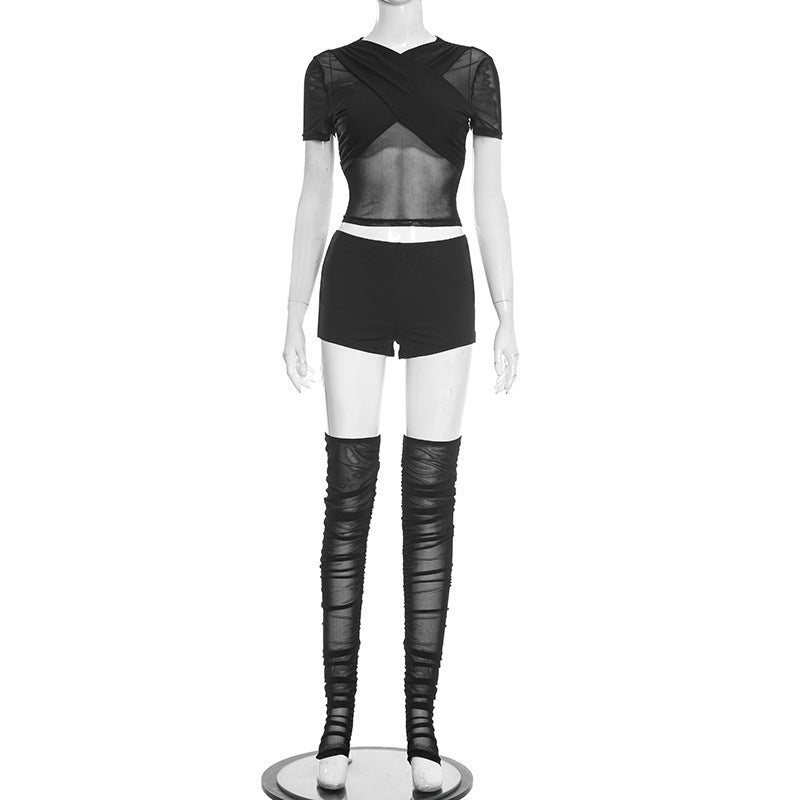 Short sleeve crewneck mesh ruched pant set  | Festival Outfits Women