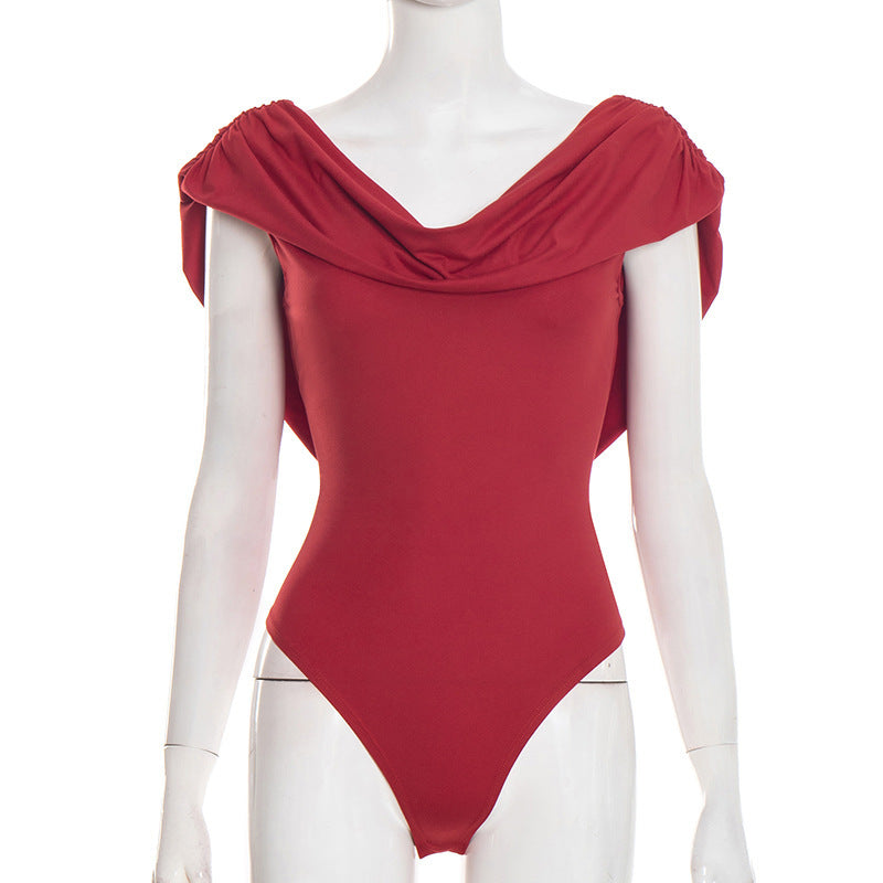 Cowl neck backless button solid ruched bodysuit  | Festival Outfits Women