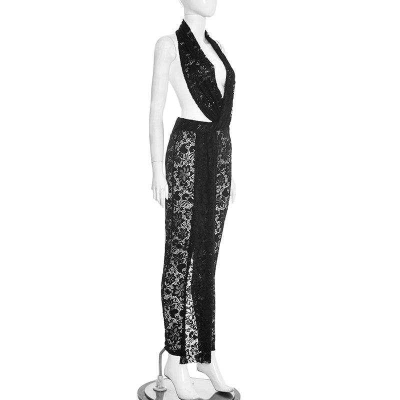 Halter deep V neck lace see through irregular jumpsuit  | Festival Outfits Women