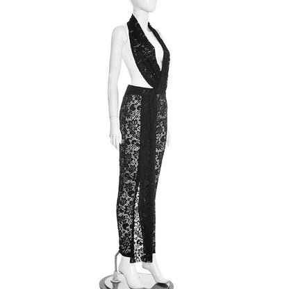 Halter deep V neck lace see through irregular jumpsuit  | Festival Outfits Women