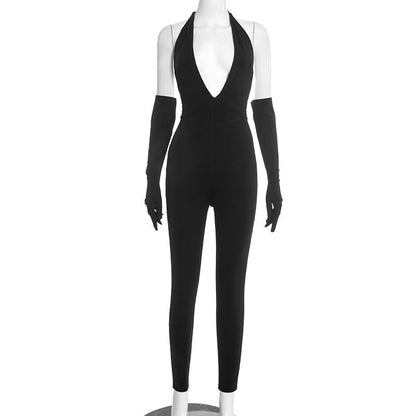 Halter self tie deep v neck backless jumpsuit  | Festival Outfits Women