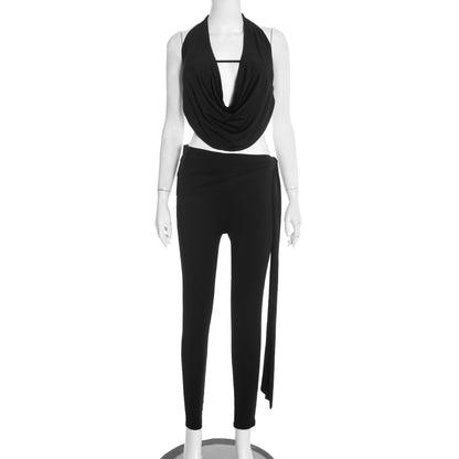 Self tie halter cowl neck irregular low rise pant set  | Festival Outfits Women