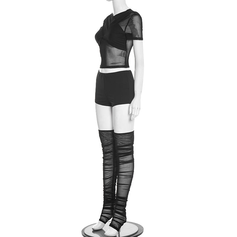 Short sleeve crewneck mesh ruched pant set  | Festival Outfits Women